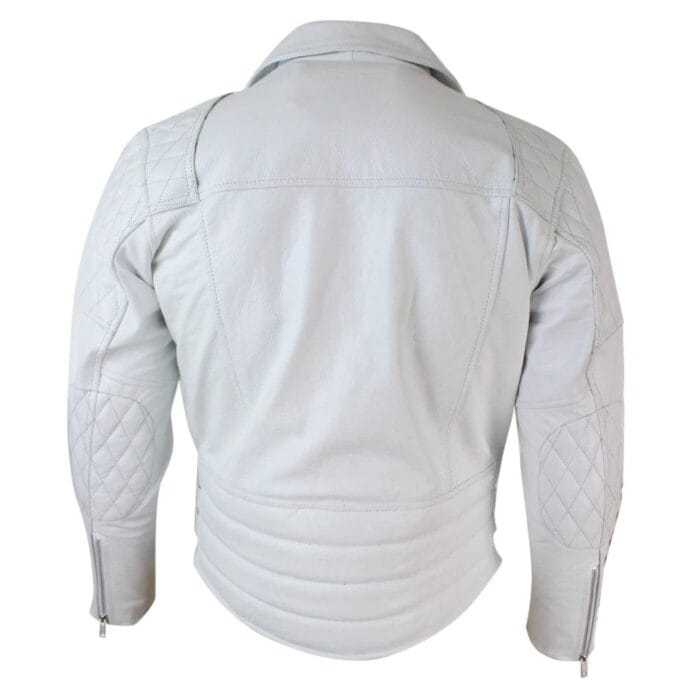 Mens Cross Zip Cow Hide Padded Biker Jacket White Black Brando Vintage - Knighthood Store
