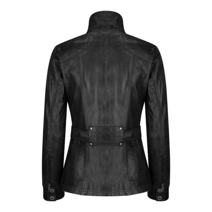 Ladies Women Real Leather Military Chinese Collar Slim Fit Black Jacket - Knighthood Store