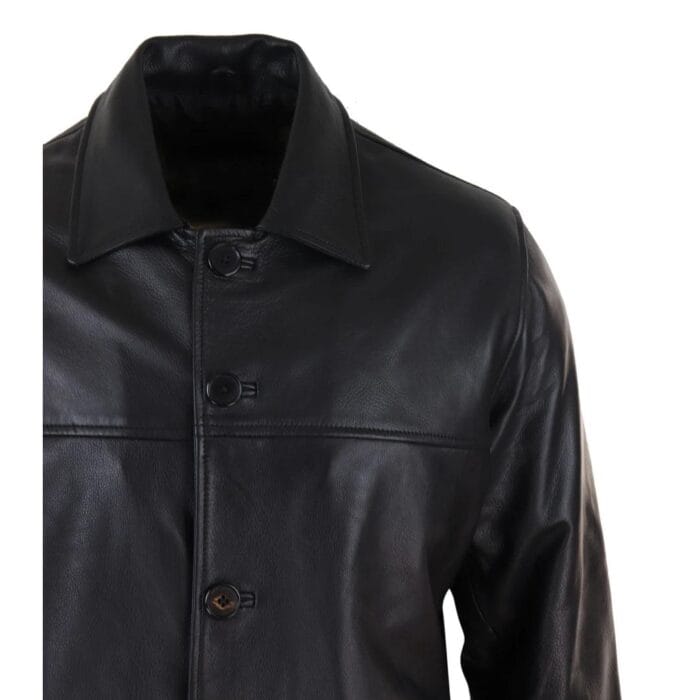 Mens Casual Real Leather Jacket Button Box Black Brown Mid Length Classic Coat - Knighthood Store