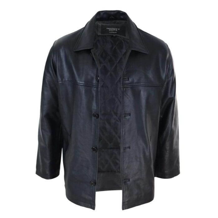 Mens Casual Real Leather Jacket Button Box Black Brown Mid Length Classic Coat - Knighthood Store