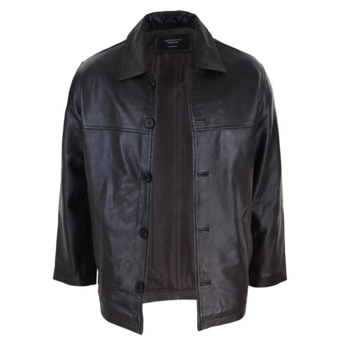 Mens Casual Real Leather Jacket Button Box Black Brown Mid Length Classic Coat - Knighthood Store