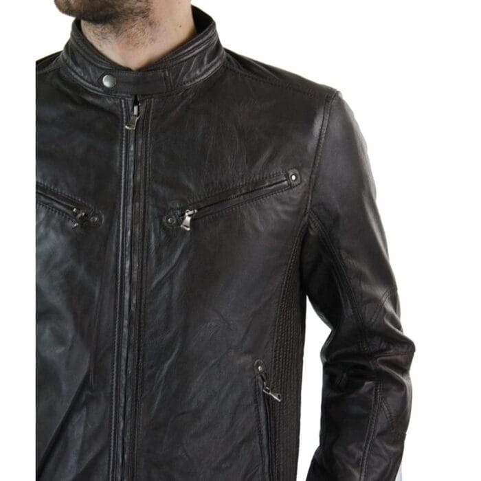 Mens Zipped Real Leather Biker Jacket Smart Casual Black Tan Brown Tailored Fit Vintage - Knighthood Store