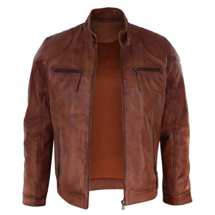 Mens Biker Zip Jacket Real Leather Casual Light Short Classic Retro Motorcycle - Knighthood Store