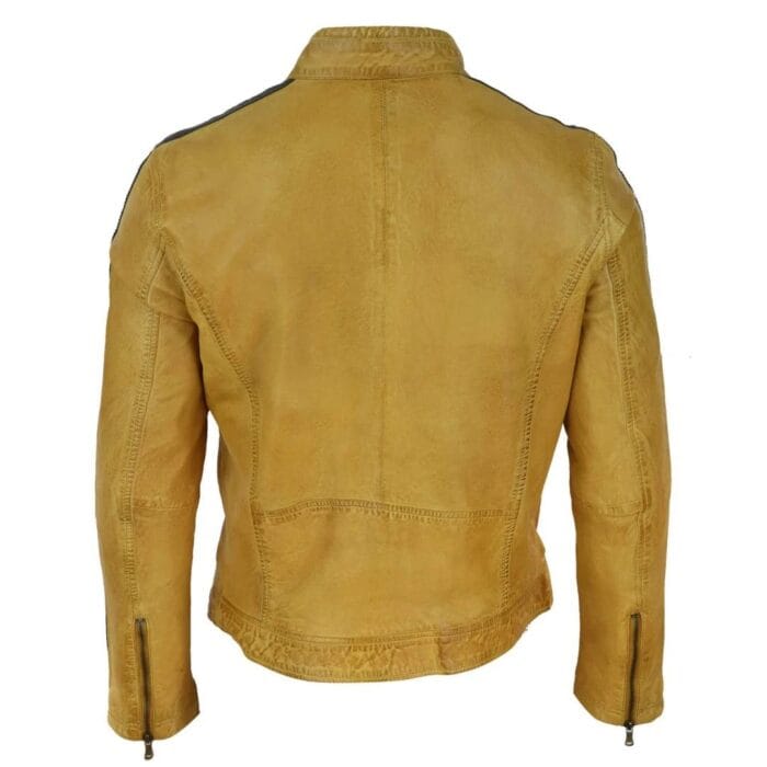 Mens Real Leather Biker Racing Jacket Stripes Zip Retro Casual Grey Yellow Short - Knighthood Store
