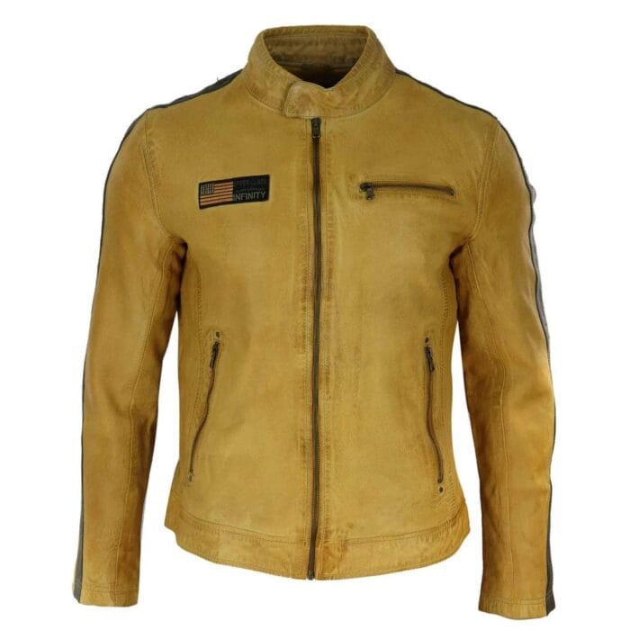 Mens Real Leather Biker Racing Jacket Stripes Zip Retro Casual Grey Yellow Short - Knighthood Store