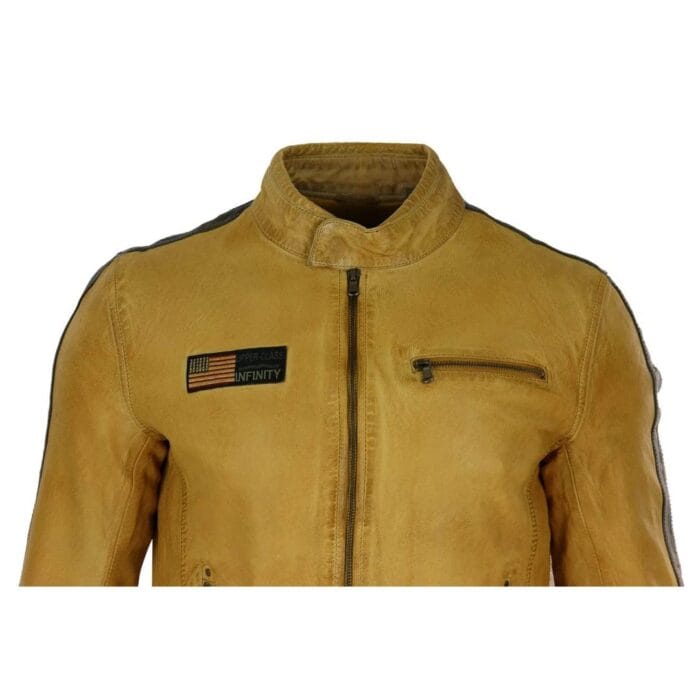 Mens Real Leather Biker Racing Jacket Stripes Zip Retro Casual Grey Yellow Short - Knighthood Store