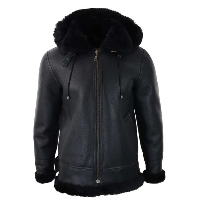 Mens Real Leather Sherling Sheepskin Hood Jacket Vintage Aviator Flying Pilot - Knighthood Store