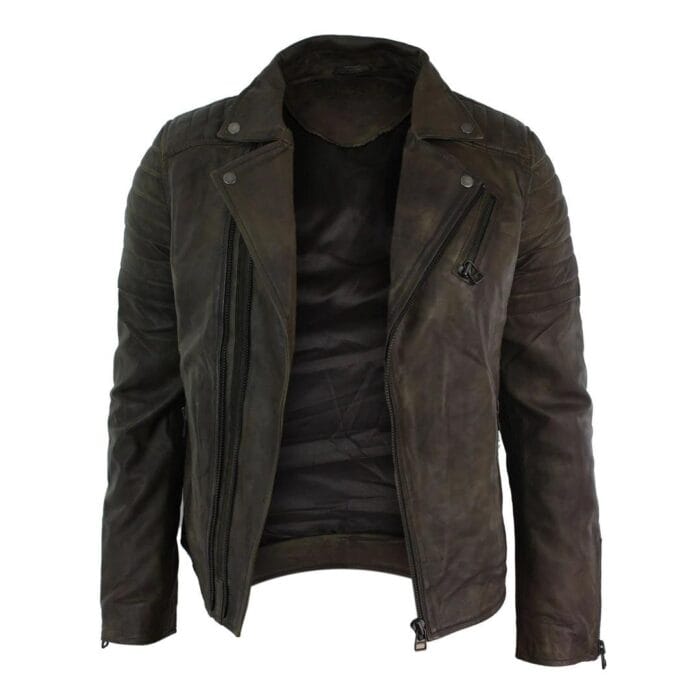 Mens Slim Fit Cross Zip Retro Vintage Brando Real Leather Jacket Vintage Biker - Knighthood Store