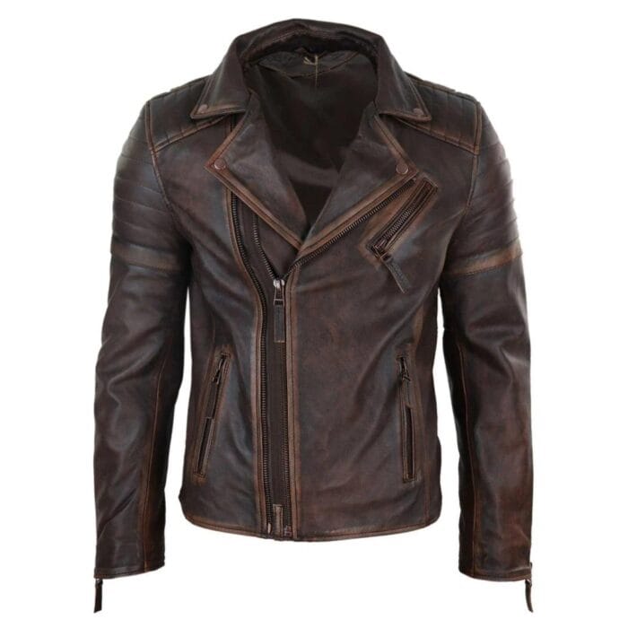 Mens Slim Fit Cross Zip Retro Vintage Brando Real Leather Jacket Vintage Biker - Knighthood Store