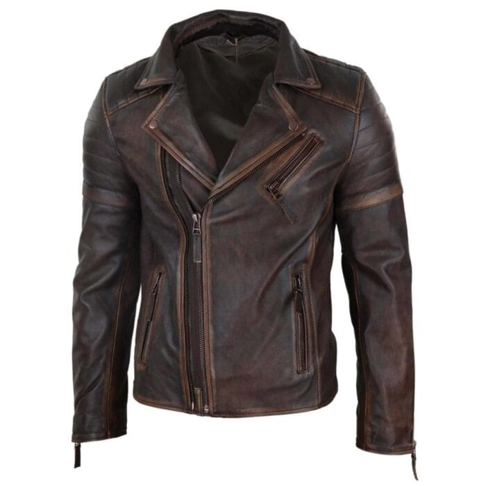 Mens Slim Fit Cross Zip Retro Vintage Brando Real Leather Jacket Vintage Biker - Knighthood Store