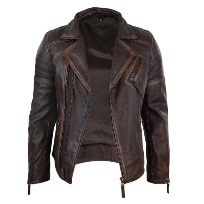 Mens Slim Fit Cross Zip Retro Vintage Brando Real Leather Jacket Vintage Biker - Knighthood Store