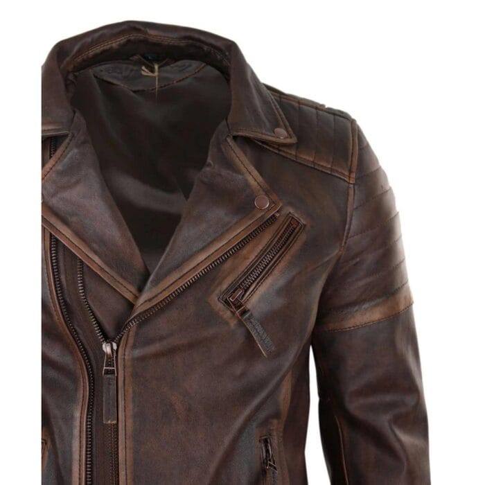 Mens Slim Fit Cross Zip Retro Vintage Brando Real Leather Jacket Vintage Biker - Knighthood Store