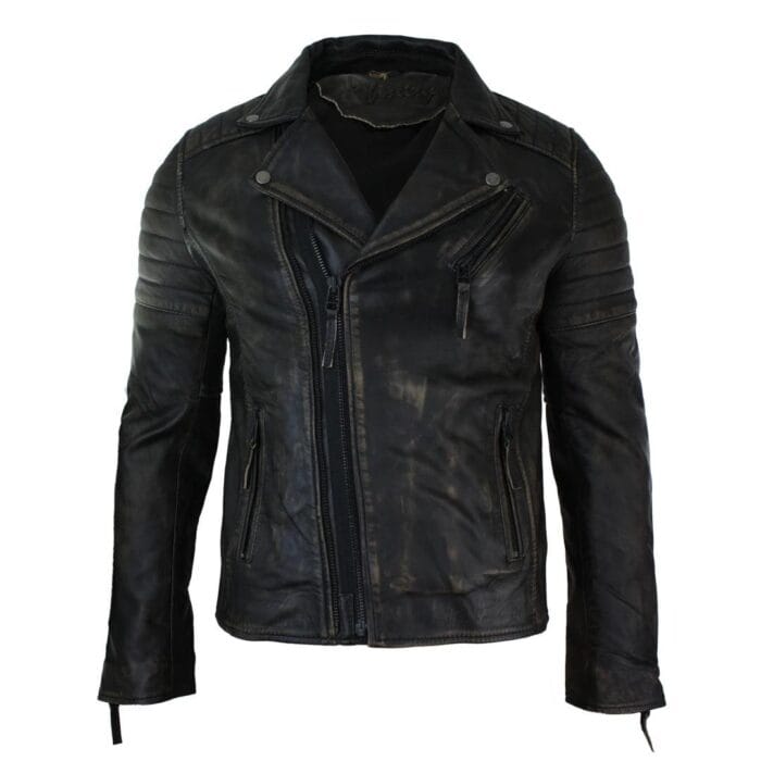 Mens Slim Fit Cross Zip Retro Vintage Brando Real Leather Jacket Vintage Biker - Knighthood Store