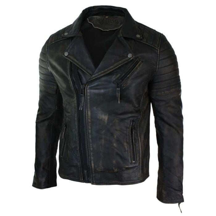 Mens Slim Fit Cross Zip Retro Vintage Brando Real Leather Jacket Vintage Biker - Knighthood Store