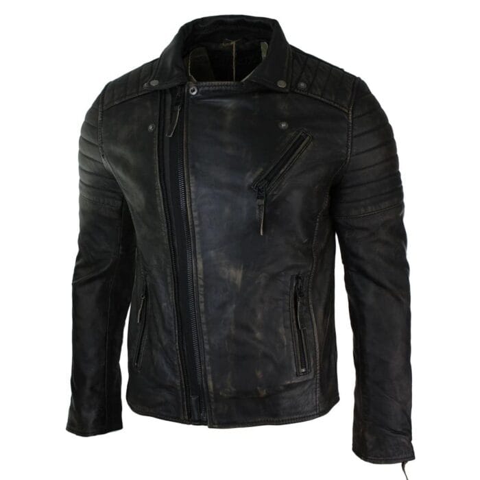 Mens Slim Fit Cross Zip Retro Vintage Brando Real Leather Jacket Vintage Biker - Knighthood Store