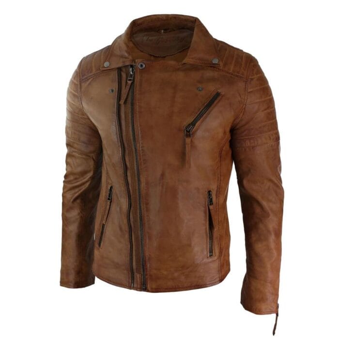 Mens Slim Fit Cross Zip Retro Vintage Brando Real Leather Jacket Vintage Biker - Knighthood Store