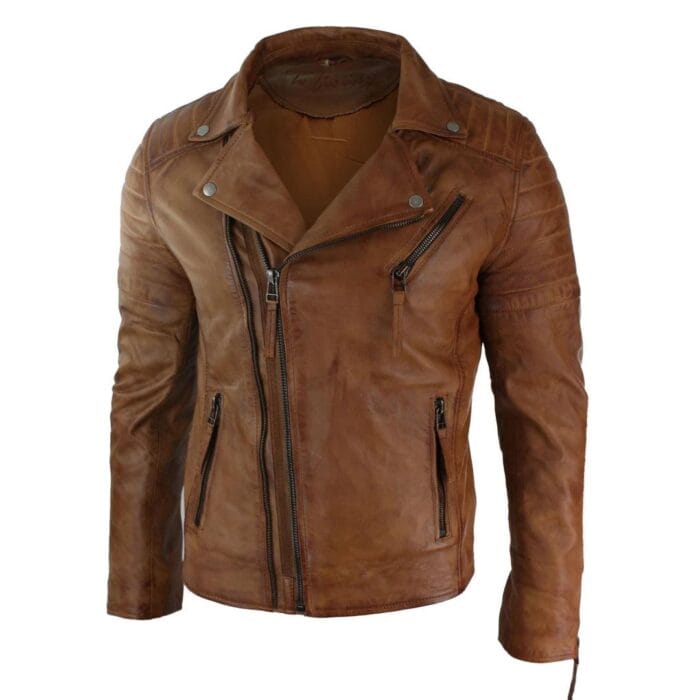 Mens Slim Fit Cross Zip Retro Vintage Brando Real Leather Jacket Vintage Biker - Knighthood Store