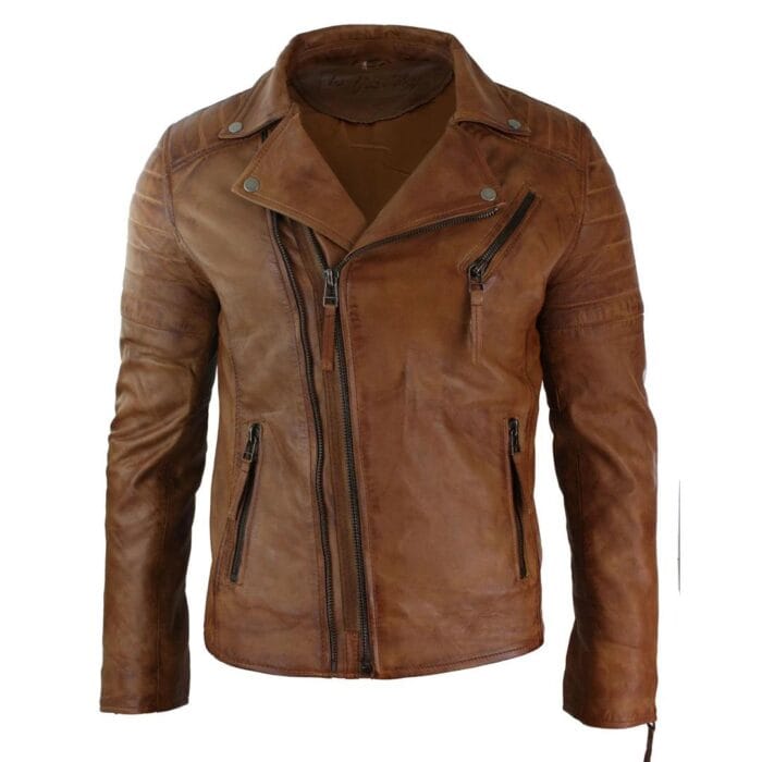 Mens Slim Fit Cross Zip Retro Vintage Brando Real Leather Jacket Vintage Biker - Knighthood Store