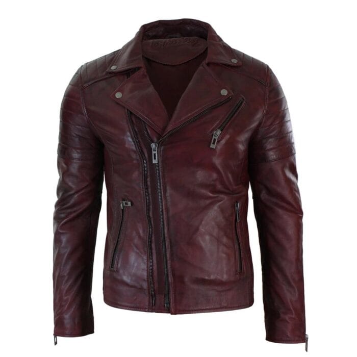 Mens Slim Fit Cross Zip Retro Vintage Brando Real Leather Jacket Vintage Biker - Knighthood Store