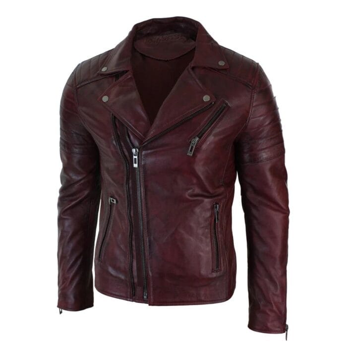 Mens Slim Fit Cross Zip Retro Vintage Brando Real Leather Jacket Vintage Biker - Knighthood Store