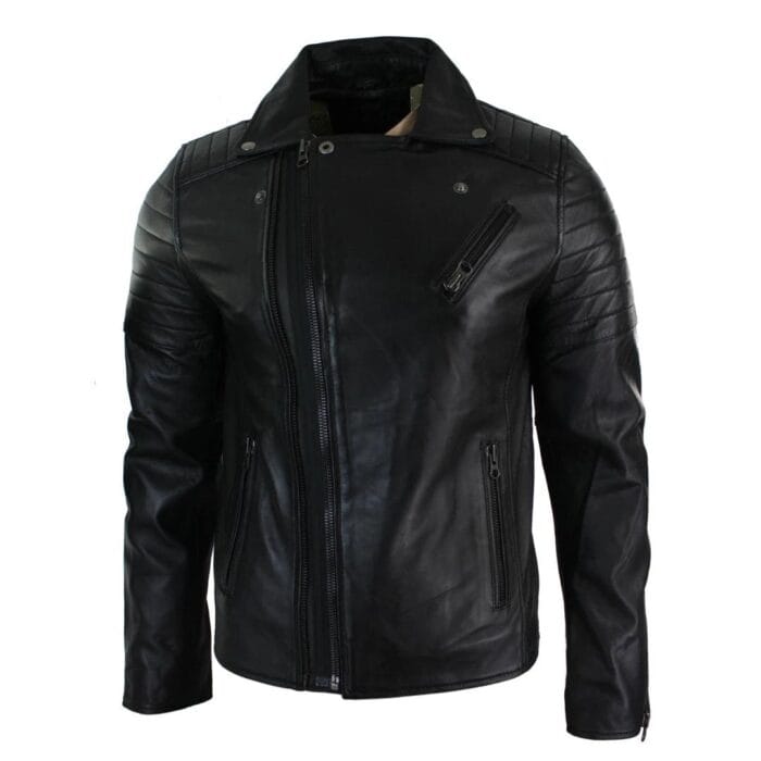 Mens Slim Fit Cross Zip Retro Vintage Brando Real Leather Jacket Vintage Biker - Knighthood Store