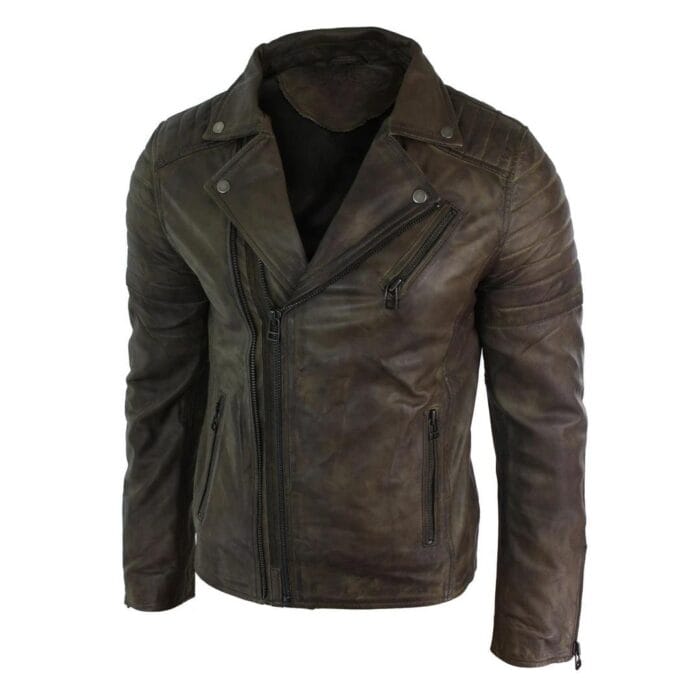 Mens Slim Fit Cross Zip Retro Vintage Brando Real Leather Jacket Vintage Biker - Knighthood Store