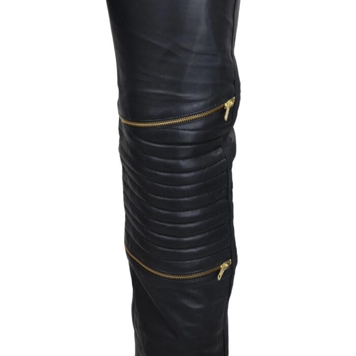 Mens Black White Real Leather Jeans Gold Zips Retro Classic Vintage Goth Punk - Knighthood Store
