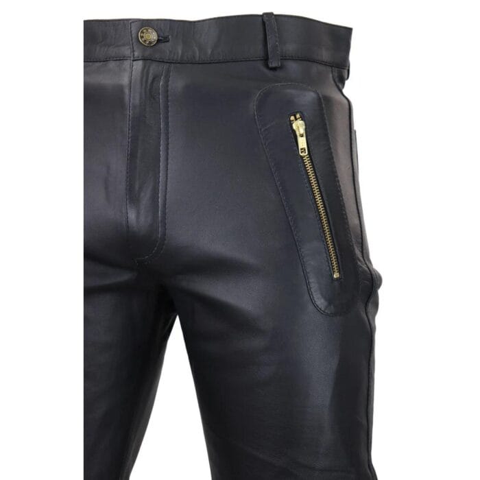 Mens Black White Real Leather Jeans Gold Zips Retro Classic Vintage Goth Punk - Knighthood Store