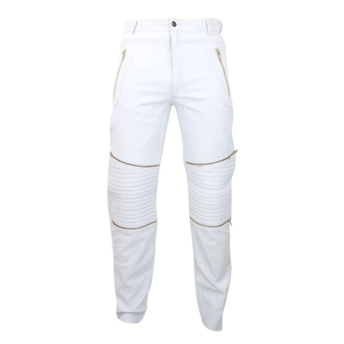 Mens Black White Real Leather Jeans Gold Zips Retro Classic Vintage Goth Punk - Knighthood Store