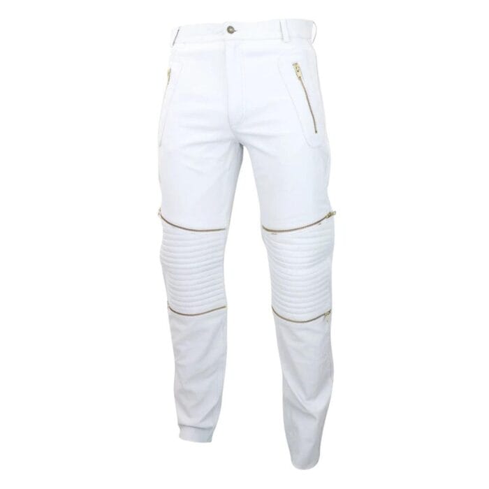 Mens Black White Real Leather Jeans Gold Zips Retro Classic Vintage Goth Punk - Knighthood Store