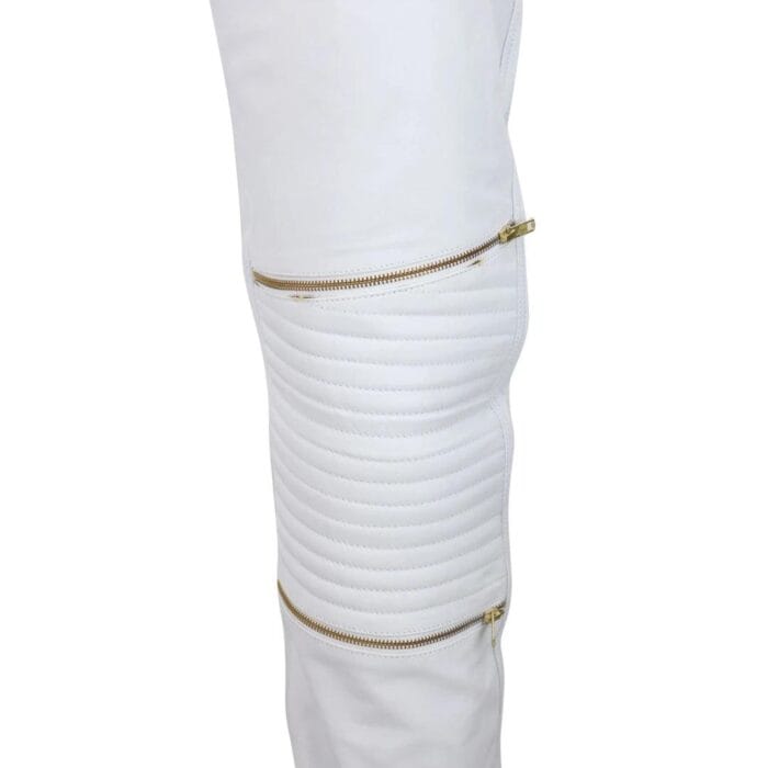 Mens Black White Real Leather Jeans Gold Zips Retro Classic Vintage Goth Punk - Knighthood Store