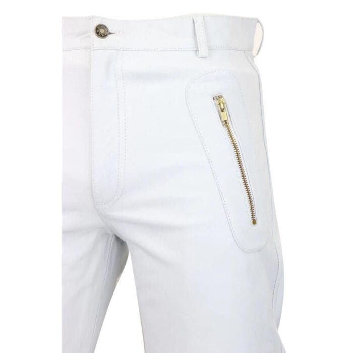 Mens Black White Real Leather Jeans Gold Zips Retro Classic Vintage Goth Punk - Knighthood Store