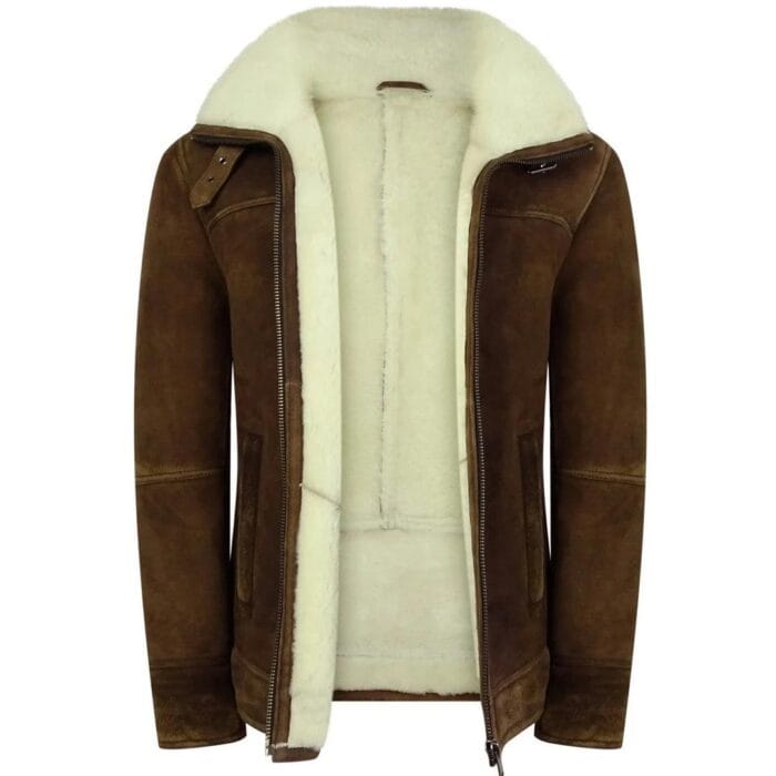 Mens Real Sherling Sheepskin Suede Jacket Brown Tan Vintage Zip Flying Pilot WW2 - Knighthood Store