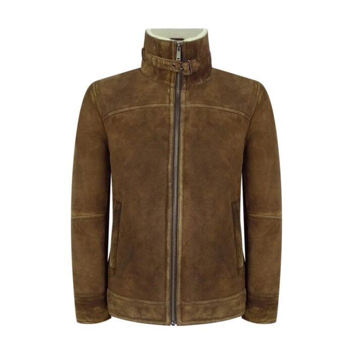 Mens Real Sherling Sheepskin Suede Jacket Brown Tan Vintage Zip Flying Pilot WW2 - Knighthood Store