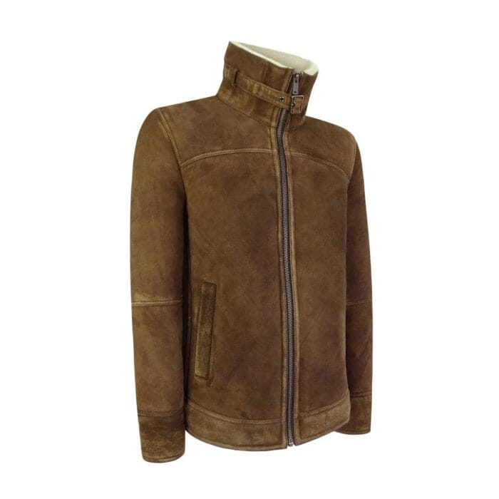 Mens Real Sherling Sheepskin Suede Jacket Brown Tan Vintage Zip Flying Pilot WW2 - Knighthood Store