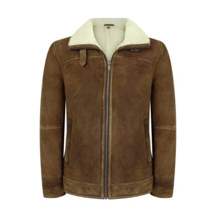 Mens Real Sherling Sheepskin Suede Jacket Brown Tan Vintage Zip Flying Pilot WW2 - Knighthood Store