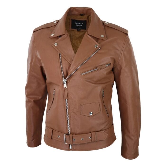 Mens Cow Hide Cross Zip Brando Biker Motorcycle Real Leather Jacket - Knighthood Store