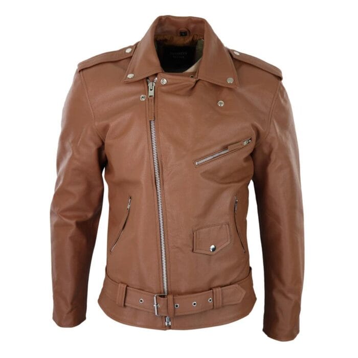 Mens Cow Hide Cross Zip Brando Biker Motorcycle Real Leather Jacket - Knighthood Store