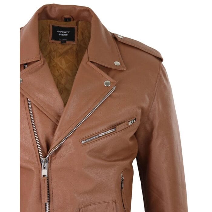 Mens Cow Hide Cross Zip Brando Biker Motorcycle Real Leather Jacket - Knighthood Store