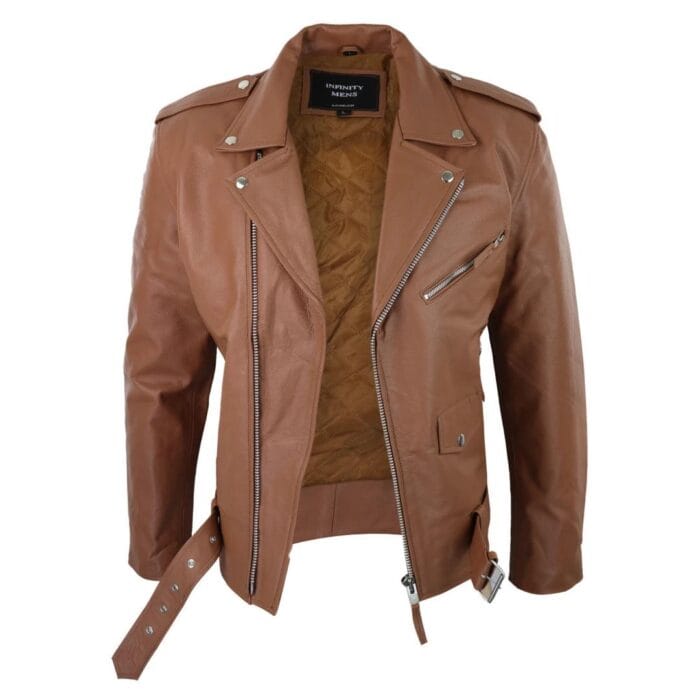 Mens Cow Hide Cross Zip Brando Biker Motorcycle Real Leather Jacket - Knighthood Store