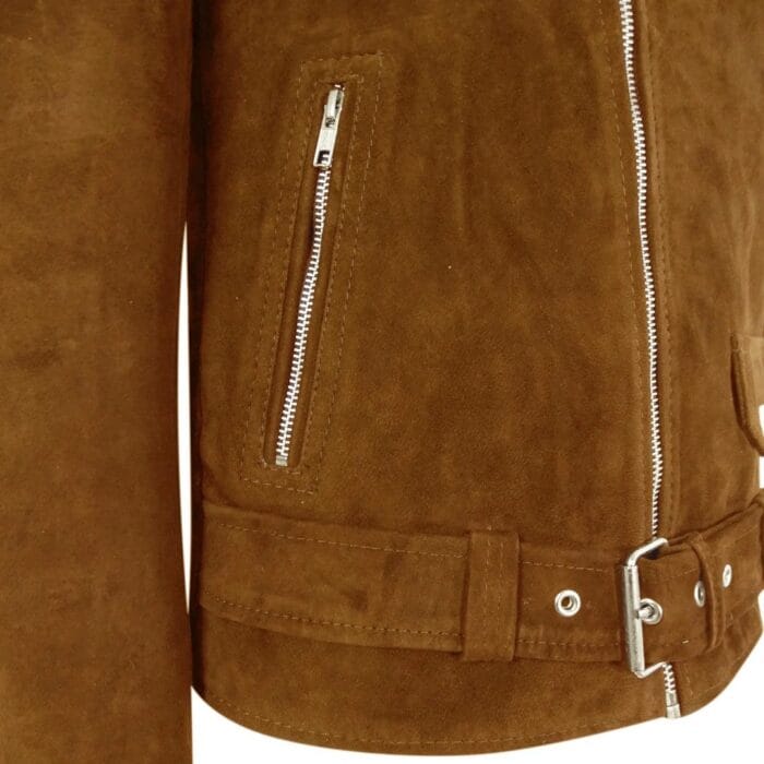 Mens Slim Fit Cross Zip Vintage Brando Washed Real SuedeJacket Brown Tan Camel - Knighthood Store