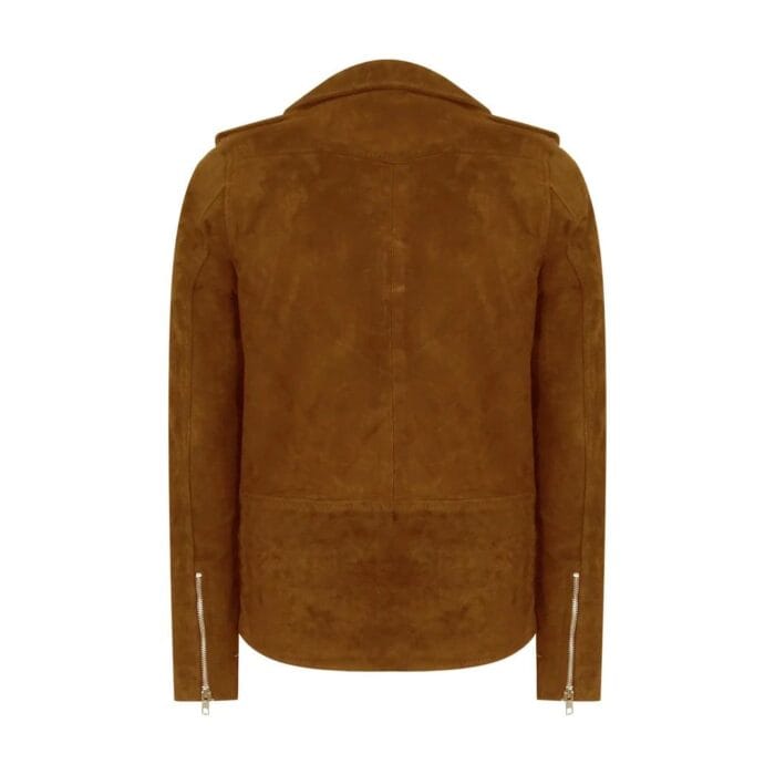 Mens Slim Fit Cross Zip Vintage Brando Washed Real SuedeJacket Brown Tan Camel - Knighthood Store