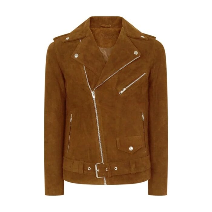Mens Slim Fit Cross Zip Vintage Brando Washed Real SuedeJacket Brown Tan Camel - Knighthood Store