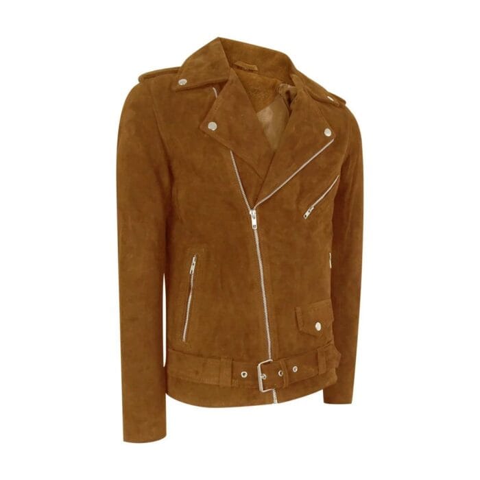 Mens Slim Fit Cross Zip Vintage Brando Washed Real SuedeJacket Brown Tan Camel - Knighthood Store