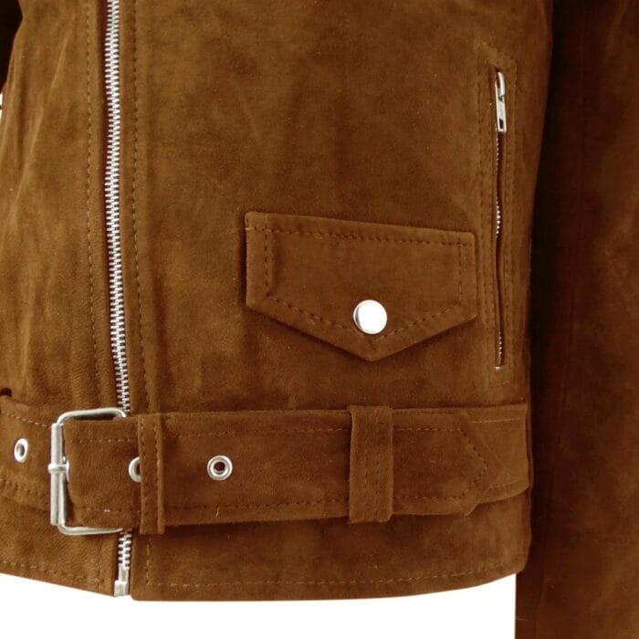Mens Slim Fit Cross Zip Vintage Brando Washed Real SuedeJacket Brown Tan Camel - Knighthood Store