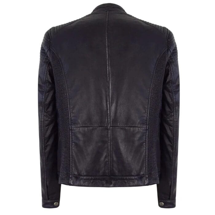 Mens Slim Fit Vintage Navy Washed Real Leather Jacket Nehru Grandad Collar Biker - Knighthood Store