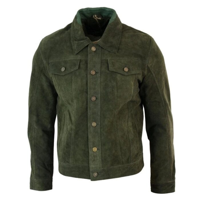 Mens Vintage Short Denim Style Retro Real Suede Leather Jean Jacket Casual - Knighthood Store
