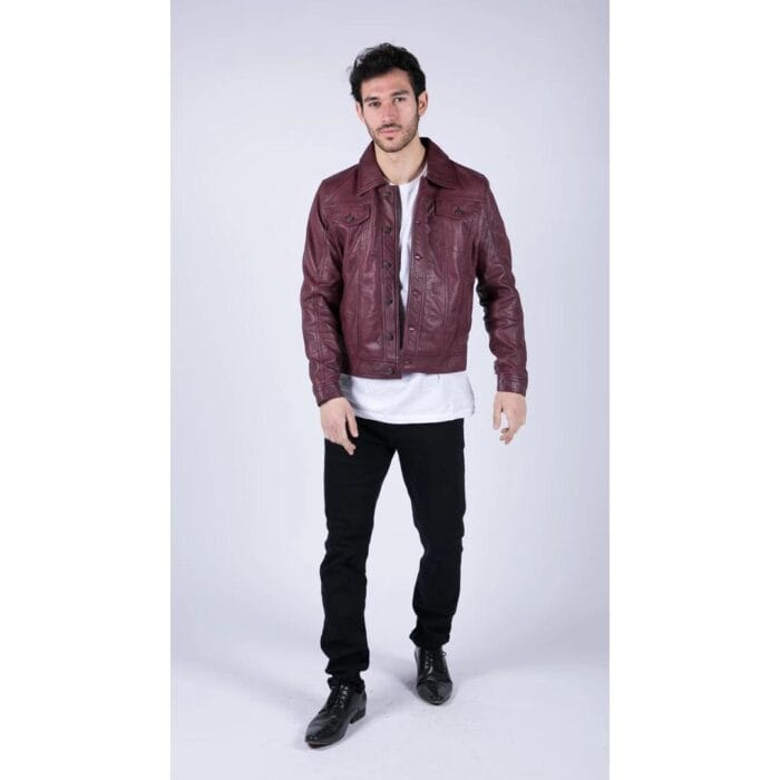 Mens Real Leather Shirt Jacket Burgundy Wine Retro Jeans Style Brando Classic - Knighthood Store
