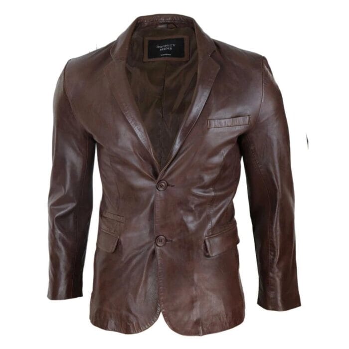 Mens Slim Fit Classic Genuine Leather 2 Button Blazer Jacket Vintage - Knighthood Store