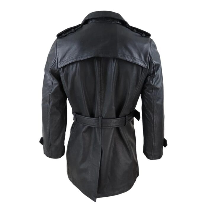 Mens Black 3/4 Trench Coat Real Leather Belted Jacket Classic Soft Napa Classic - Knighthood Store